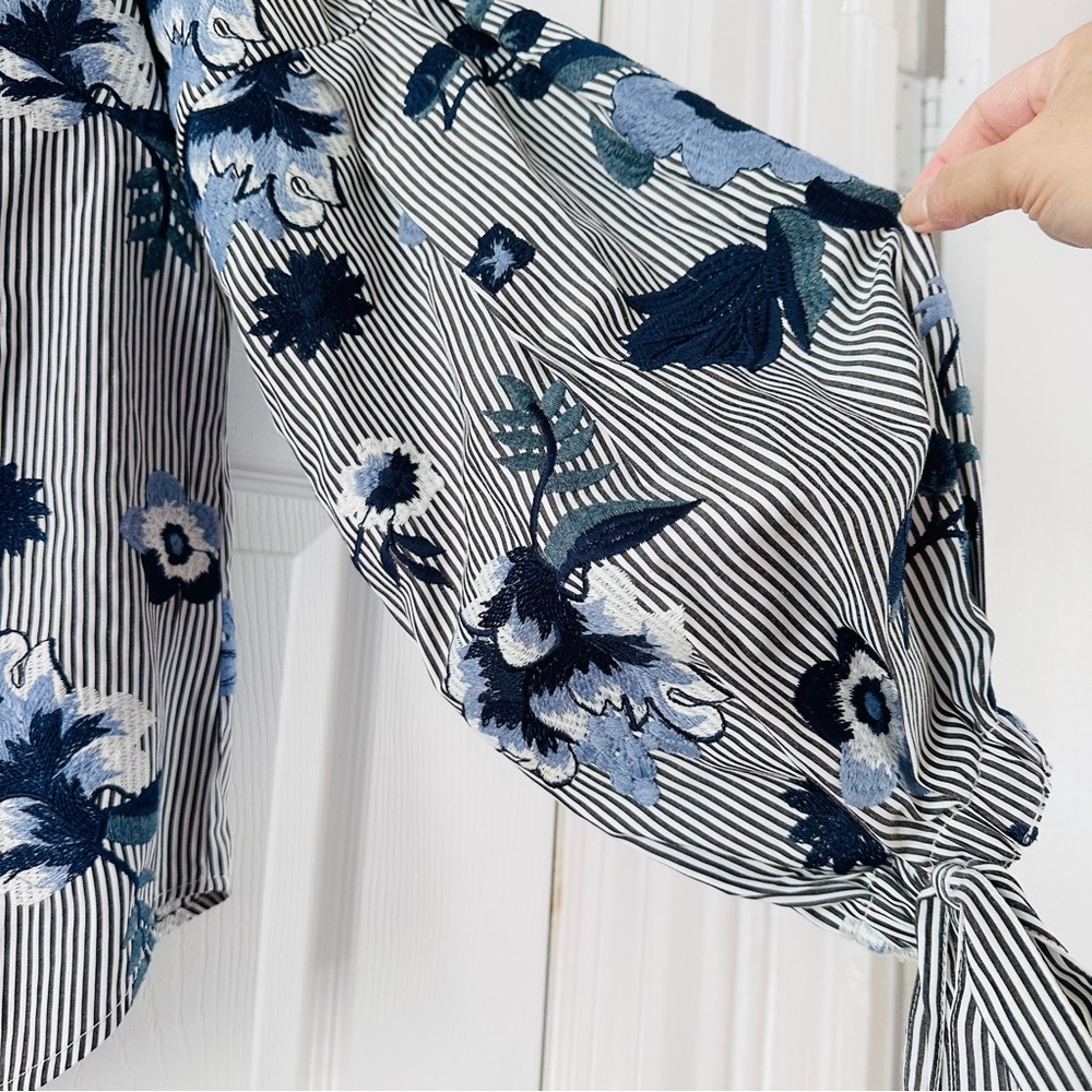Nanette Lepore Floral Embroidered Boho Button Up Shirt Size L Balloon Sleeve tie - Picture 6 of 12